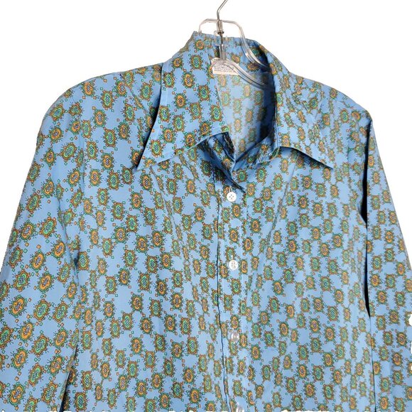 Vintage Pykettes Blouse Button Up L Blue Orange Dagger Collar Geometric Floral - Picture 2 of 5